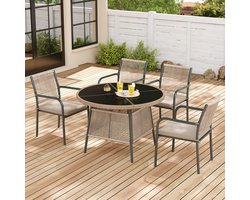 5-Delige Tuinset met Ronde Tuintafel en 4 Tuinstoelen - Tuinmeubelset met Armleuningen, Kussens en Gehard Glas - Metalen Frame - Voor Terras en Balkon - Grijs