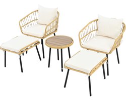 5-delige Tuinset Wit/Naturel – Rieten Meubelen met Tafel, 2 Stoelen & 2 Krukken – Weerbestendig, Comfortabele Kussens & Inklapbaar? – Geschikt voor Terras, Tuin of Balkon