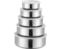 5-Delige Voedselbewaarset - RVS Mengkommen Set - met Transparante Deksels - Nestbare Beslagkommen voor de Keuken - Diepe Metalen Slakom en Mengkom voor Bakken en Koken - Vaatwasserbestendig - Zilver