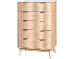 5-gerekende ladekast, houten kist met schuifmechanisme en anti-kantelontwerp, moderne minimalistische opbergmeubel voor woonkamer, slaapkamer, gang, hal, lichte houten afwerking