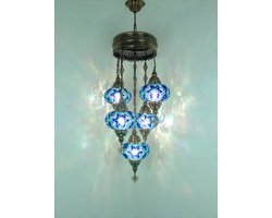 5 globe hanglamp mozaïek glas blauw - Turkse hanglamp 5 bollen mozaïek glas blauw - Oosterse kroonluchter 5 bollen mozaïek glas blauw
