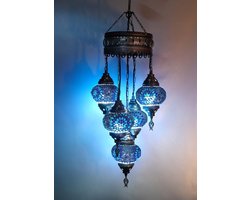 5 globe hanglamp mozaïek glas blauw - Turkse hanglamp 5 bollen mozaïek glas blauw - Oosterse kroonluchter 5 bollen mozaïek glas blauw