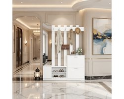 5-in-1 kledingkastset - compacte kledingkast met spiegel, 2 kledingkasten, Kapstok & Hangkast - Wit - Ruimtebesparend voor Smalle Gangen, Entree of Deuropeningen - 135 × 25 × 180 cm Casa Serena