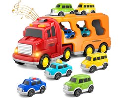 5-in-1 Vrachtwagentransporter – Muzikale Transporter – Opbergwagen – Inclusief 1 grote vrachtwagen en 4 kleine auto's – Speelgoedauto met terugtrekmotor – Oranje – Kinderspeelgoed