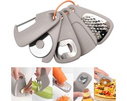 5 in1 keukengadgets - ruimtebesparend keukengere - dunschiller- flesopener - knoflookmolen - taartkaasrasp - stapelbaar kookgereedschap ruimtebesparend voor kleine keuken - roestvrijstalen campingaccessoires - voor vaatwasmachinebestendig