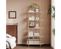 5-laags boekenkast- vrijstaande houten en metalen plank- hoge en smalle plank in industriële stijl- voor woonkamer- kantoor of slaapkamer- vintage design- 60 x 28 x 180 cm- goud