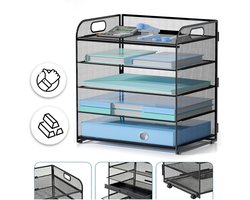 5-Laags Bureau-Documentenrek Met Handgrepen - Draagbare Metalen Organizer Gepolijste Afwerking - Montage Zonder Gereedschap Compact - Ideaal Voor Kantoor Thuis En School