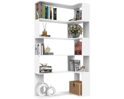 5-laags driehoekige houten hoekboekenkast met led-stripverlichting en open planken Geometrische opbergmeubel Ruimtebesparend ontwerp Witte afwerking Ideaal voor woonkamers en studeerkamers Multifunctionele boekenkast