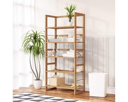 5-laags houten opbergkast met 5 planken - Multifunctioneel opbergrek voor badkamer, keuken en woonkamer - Duurzame plank van echt hout, robuust en waterdicht - 135,5 x 58 x 27 cm - Klassiek natuurlijk ontwerp