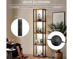 5-laags LED-vloerlamp boekenkast met houten planken - dimbare staande plank met afstandsbediening, verstelbare 3-kleurige verlichting, moderne opbergkast voor woonkamer, slaapkamer en studeerkamer