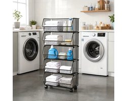 5-laags Multifunctionele Gouden Metalen Draadmand Rek: Rolbaar, Geschikt voor Garage, Woonkamer, Keuken, Kantoorhoekopslag, Zwart, 4-laags/5-laags, Woonkamer Decoratie,Hoekopbergunit,Moderne Planken,- Duurzaam Draadrek - Meerlaagse Organizer