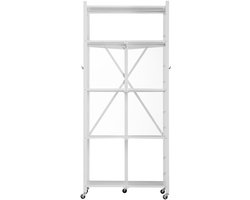 5-laags opvouwbaar opbergrek, 71 x 38 x 162 cm metalen rek met wielen en haken, kant-en-klare organizer voor keuken, voorraadkast, garage, kelder, wit