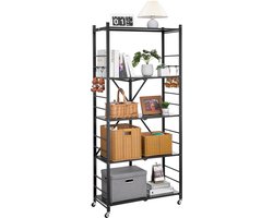 5-laags opvouwbaar opbergrek, 81 x 35 x 183 cm metalen rek met wielen en haken, kant-en-klare organizer voor keuken, voorraadkast, garage, kelder, zwart