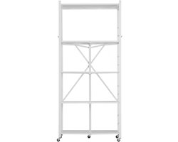 5-laags opvouwbare opbergrek, 81 x 35 x 183 cm metalen rek, voorgemonteerde organizer met wielen en haken voor voorraadkast, keuken, garage, kelder, wit
