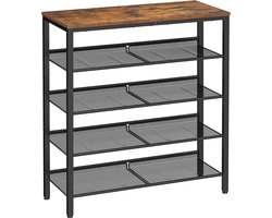 5-laags schoenenrek, hoge schoenenrek met 4 mesh planken en grote bovenkant voor tassen, ruimtebesparend voor entree, hal, staal, industrie, rustiek bruin en zwart LBS038B01