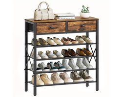 5-Laags Schoenenrek met Stoffen Lades en 4 Open Vakken – Ruimtebesparend en Stevig – Hout en Metaal – Vintage Bruin/Zwart