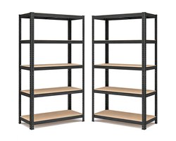 5-laags zwaar stalen rek, set van 2, 180×90×40cm, zwart, schroefloze montage, deelbaar en verstelbaar, hoge draagkracht 175 kg per plank, anti-kantel, ideaal voor garage, magazijn en kelder