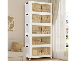 5 Lagen Opbergdozen met Deksel - 135L Opbergdozen Opbergkast Opvouwbaar - Opbergkasten met wielen en deuren - Breedte 45cm- Opbergen Organizer stapelboxen - Opruimen - Keuken - Badkamer - Woonkamer - Slaapkamer