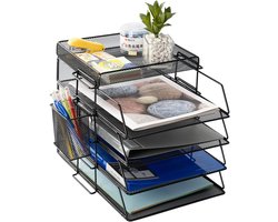 5-Lagen Stapelbare Brievenbak – Bureau Organizer met Pennenhouder – Zwart Metalen Papierlade – Documentenhouder voor A4 Papier, Brieven, Mappen en Kantoorartikelen – Bureau Accessoires – Papier Organizer – Briefpapier Houder
