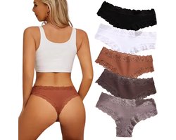5 Pack - Sexy Dames String met Kant - Zwart, Bruin, Taupe, Nude en Wit - Onderbroek 95% Katoen - Dames Lingerie / Ondergoed Set - Brazilian Slip - Maat L