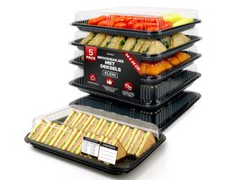 5 sandwichschalen met deksel – 34 x 24 x 7,5 cm Herbruikbare cateringschalen met zelfklevende etiketten voor feestjes, sandwiches en taart