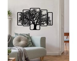5 stucks Levensboom modern deco muurdecoratie - Wanddecoratie - Zwart - Houten art - Muurdecoratie - Line art - Wall art - Bohemian - Wandborden - Woonkamer - 105x67 cm - kerst - kerstcadeau - wandecoratie woonkamer - kerstgeschenk