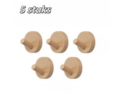 5 stuks - Haken - Berkenhout - Scandinavische stijl - Ronde kapstokhaken - Deur-/hoedhaken - Geen boren nodig - Geschikt voor woonkamer, slaapkamer en hal - Geel