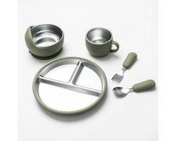 5 stuks -Kinderbord -Babybord van roestvrij staal -BPA-vrij -Antislip -Onbreekbaar -Uitneembaar -Geschikt voor kinderen van 1-3 jaar -Inclusief bord, kom, beker, vork, lepel -Grasgroen