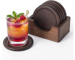 5 Stuks Met Houder - Klassieke Walnoot Donkere Onderzetter Set - Natuurlijk Hout Met Echte Textuur - Decoratie Voor Eettafel en Bureau