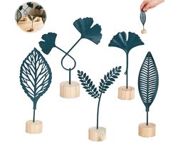 5 stuks - Metalen ornament in de vorm van een ginkgoblad - Metalen ornament in de vorm van een korenaar met twee koppen - Ginkgobladsculptuur - Marineblauw - Geschikt voor woonkamer, hal, wijnkast - Decoratieve sculptuur met houten voet