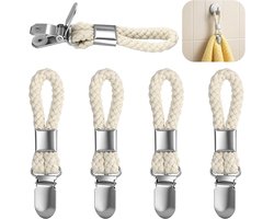5 stuks - ophangclips voor theedoeken – metalen keukenclip – geschikt voor keuken en badkamer – met gevlochten katoenen lus - Handdoekhaakjes - Handdoekclips - Handdoekknijpers - ophanghaakjes - ophang - ophanghaakjes voor theedoek