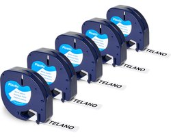5 stuks Plastic Compatible Labels 91201 geschikt voor Dymo LetraTag Labelprinter - Zwart op Wit - 12 mm x 4 m - S0721610 Labeltape - Dappaz