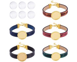 5 Stuks PU Lederen Koord Armband Maken Set Vintage Glas Cabochon Veer Print Gouden Bezel Tray Bangle Voor Diy Sieraden Maken Foto Setting