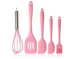5 stuks - siliconen bakgereedschap - hittebestendige spatel, garde en deegschraper - geschikt voor bakken en koken - voor gebruik in de keuken - keukengerei - roze