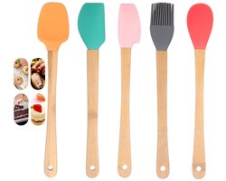 5 stuks - siliconen bakspatel - bamboe bakgereedschap - bakset - siliconen oliekwast - Oranje + Groen + Roze + Grijs + Rood - baklepel - taartschraper - Voedselveilige Siliconen Bakset - Multifunctionele Bakaccessoires Set