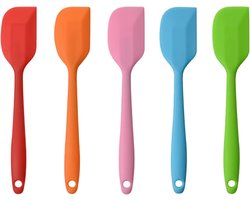 5 stuks - Siliconen spatels - Dessert Spatel - Pannenlikker - Bakspatel - Keukengerei - hittebestendige siliconen spatels - met antiaanbaklaag - voor taarten, crèmes, boters, gebak en desserts - 21*4 cm - rood, roze, blauw, groen, oranje