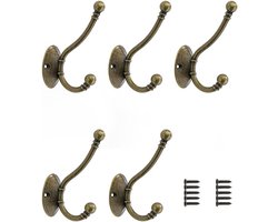 5 Stuks Vintage Bronzen Kapstokhaken - Zware Dubbele Wandhaak voor Jas, Hoed en Tas
