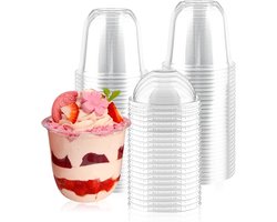 50 kunststof glazen met deksel, 360 ml, transparante Tiramisu-pot, mini-dessertbekers met 50 lepels, kunststof glas voor thuis, pudding, schuim, ijs