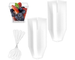 50 Plastic Dessertbekers met Lepels - Dessertkomset - Vierkante Dessertbekers - Dessertkommen - Transparant en Herbruikbaar - Perfect voor Pudding - Mousse - IJs - Verjaardagen - Bruiloften - Feesten - 60ml