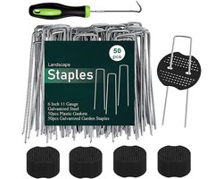 50 stuks 15,2 cm tuinpalen, 50 stuks pakking, 15 inch gazonlandschap nietjes, 11 gauge U-vormige gegalvaniseerde landschapsspelden, zwaar belastbare tuingrondpen voor onkruidbarrière graszoden stoffen