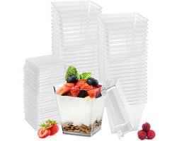 50 stuks dessertbekers met deksel, transparante dessertbeker, 210 ml, draagbare aperitiefglazen, kleine herbruikbare ijsbeker, voor pudding, schuim, Tiramisu, verjaardagsfeest, 50 stuks