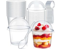 50 stuks dessertglazen van kunststof met deksel en herbruikbare lepels, 210 ml dessertbekers, herbruikbaar, ronde plastic bekers voor dessert, pudding, mousse, ijs, feest