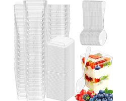 50 stuks dessertkopjes met mini-lepels en deksel, 160 ml, dessertcups, herbruikbare kunststof bekers, vierkante transparante glazen voor pudding, schuim, ijs, Tiramisu, verjaardag