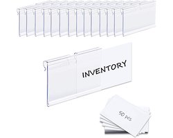 50 stuks - Etiketten - Plastic labelclips - Labelhouder plastic - Etiket houder - Planklabels - Clip-on label - Labelhouder - Inclusief 50 papieren insteekkaartjes - voor opbergbakken, prijskaartjes, draadrekken, displayhouders - 60*42mm -transparant