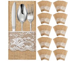 50 Stuks jute bestekzakken -Bestekrek - Bestekhouder - Jute Kant – Bestekset - Herbruikbare Tafeldecoratie voor Feest, Bruiloft, Verjaardag, Kerst - LOUZIR
