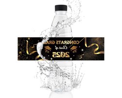 50 Stuks Waterfles Etiketten - Folie Gestempeld, Waterdicht - Klasse van 2025 Afstudeerfeest Decoratie - Gefeliciteerd Grad Zwart Goud Stickers