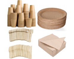 500 stuks x Houten wegwerp bestek set eco/milieubewust - 100 kartonnen borden 23cm + 100 kartonnen bekers 240ml+ 100 Vorken 16cm+100 messen 16cm+ 100 bio servetten 33x33cm