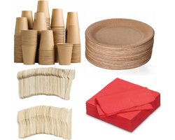500 stuks x Houten wegwerp bestek set eco/milieubewust - 100 kartonnen borden 23cm + 100 kartonnen bekers 240ml+ 100 Vorken 16cm+100 messen 16cm+ 100 bio servetten rood 33x33cm