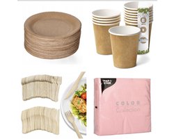500 stuks x Houten wegwerp bestek set eco/milieubewust - 100 kartonnen borden 23cm + 100 kartonnen bekers 240ml+ 100 Vorken 16cm+100 messen 16cm+ 100 bio servetten roos 33x33cm