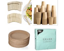 500 stuks x Houten wegwerp bestek set eco/milieubewust - 100 kartonnen borden 23cm + 100 kartonnen bekers 240ml+ 100 Vorken 16cm+100 messen 16cm+ 100 bio servetten munt 33x33cm